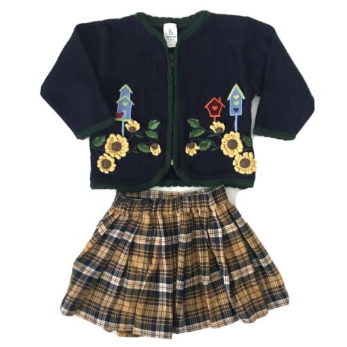 Vintage Toddler Girls Sweater Cardigan And Plaid Skirt