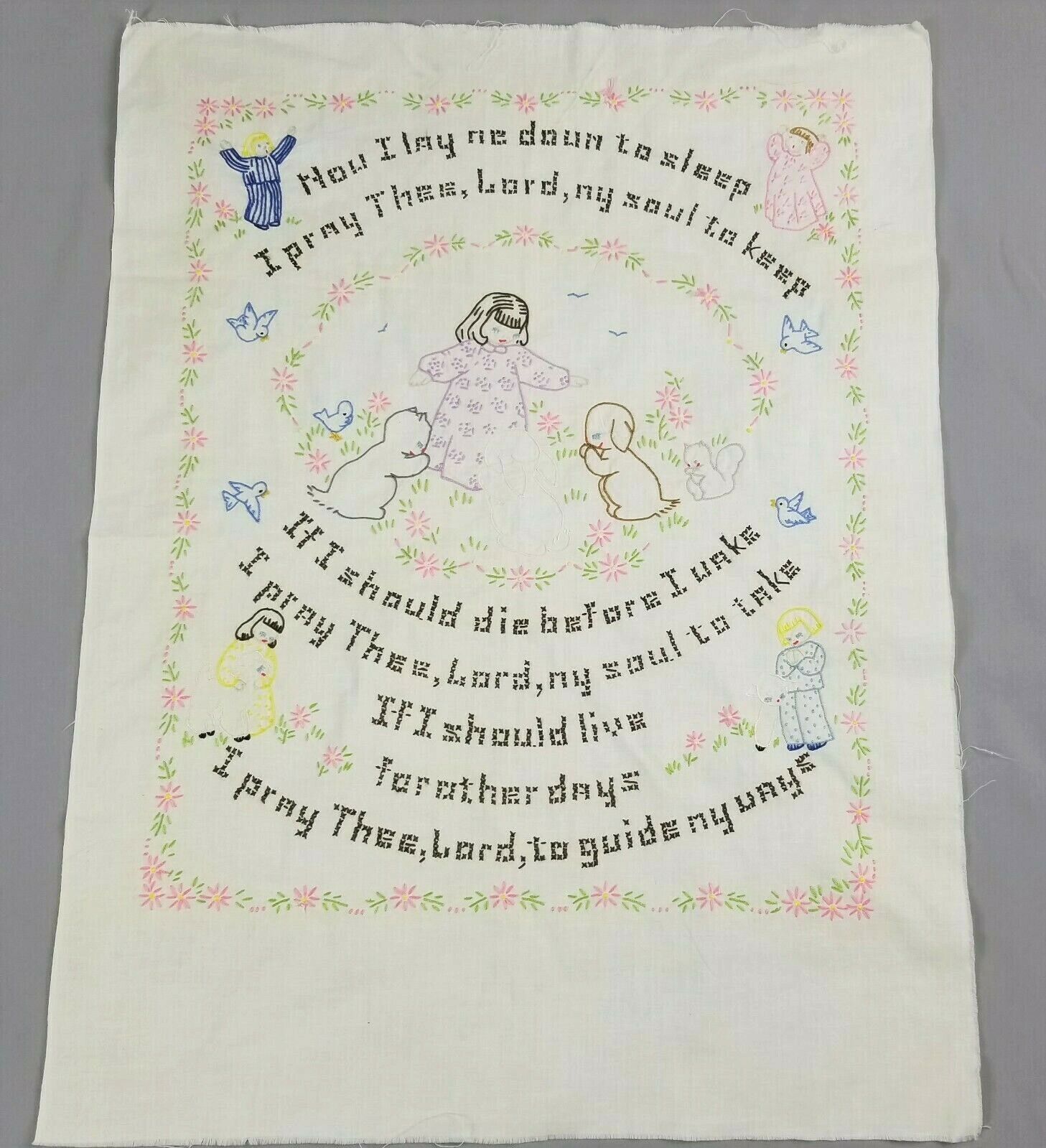 Embroidery Vintage Religious Fabric Panel Prayer Completed Unframed Childrens