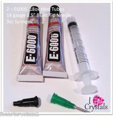 E6000 2 Mini Tubes 3cc 3ml Syringe 14 Gauge Needle Tip Glue Rhinestone Adhesive