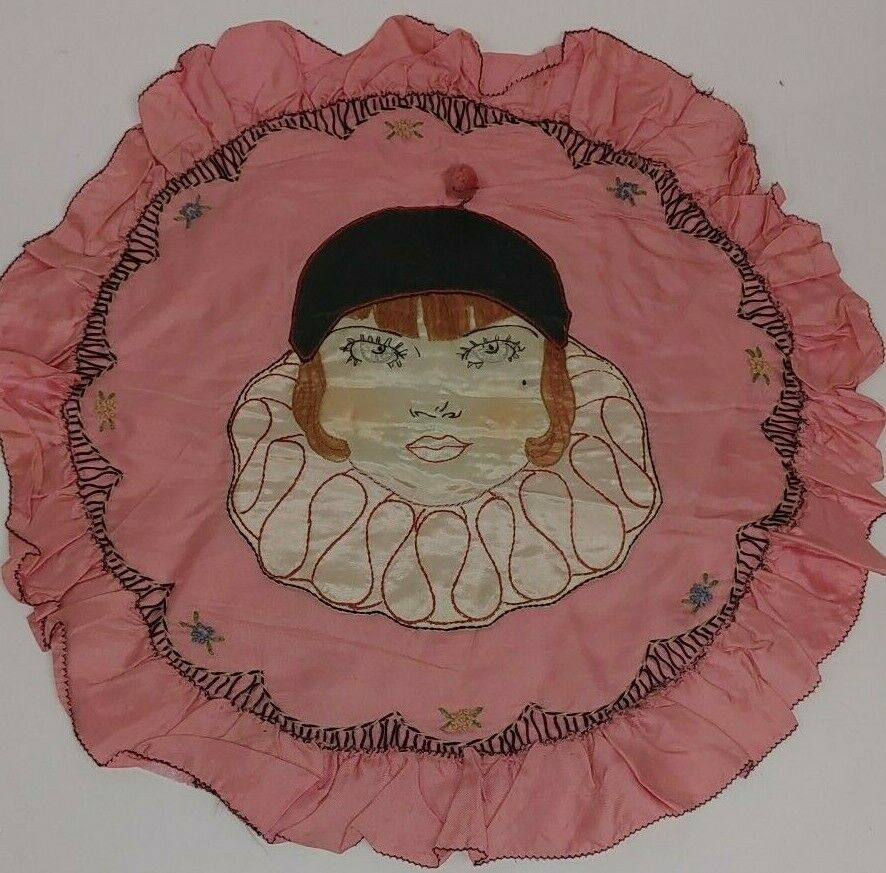 Vintage Taffeta Hand Embroidered Flapper Girl 17" Pillow Cover Ready To Stuff