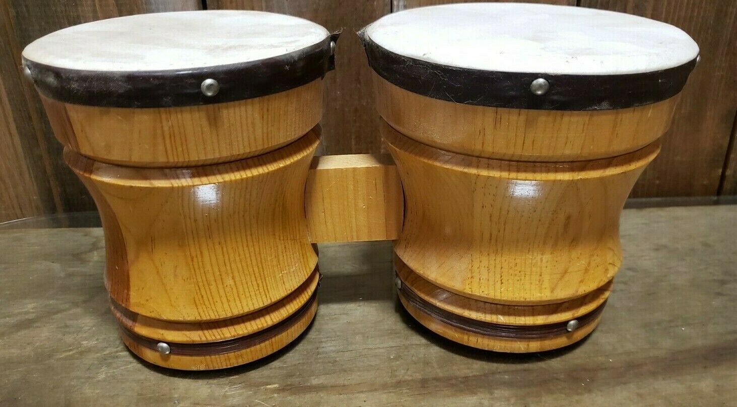 Vintage Wooden Bongo Drums Two-toned Wood 5.5 & 6.5