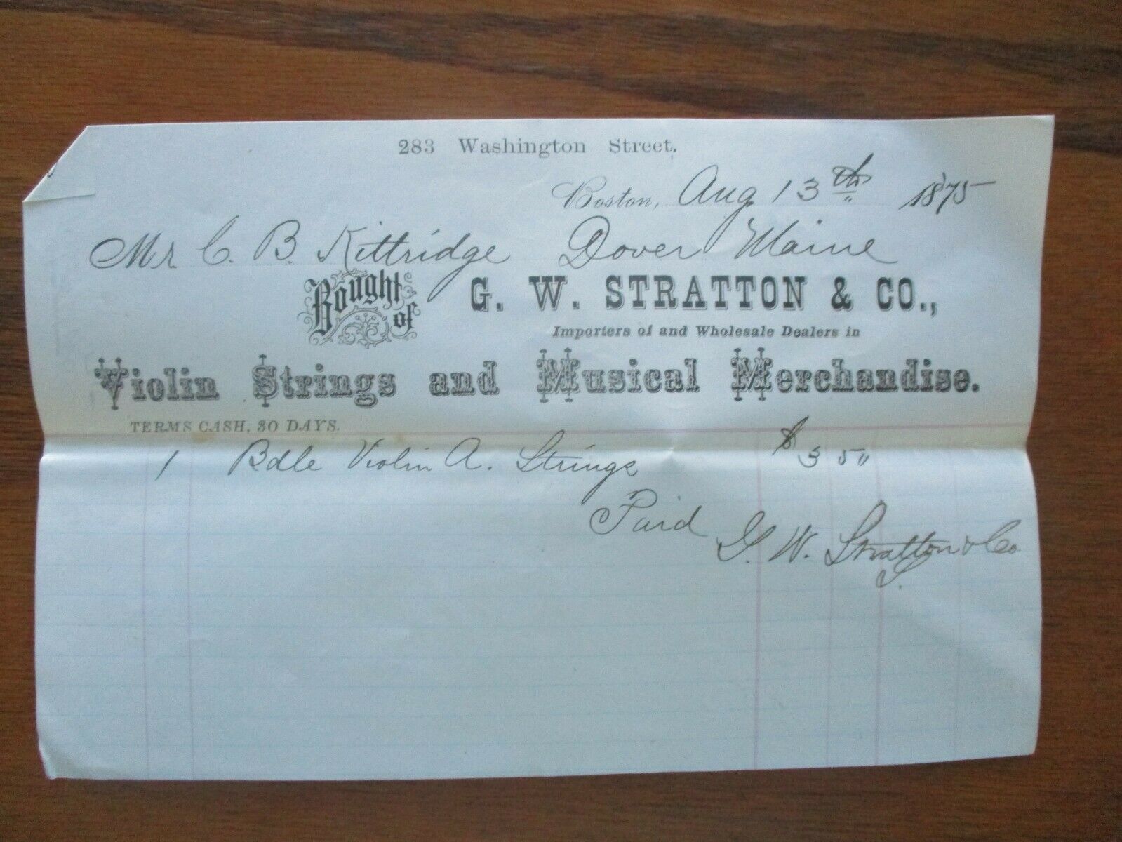1875  Fancy "violin Strings & Musical" G.w. Stratton,(price) Boston Letterhead!