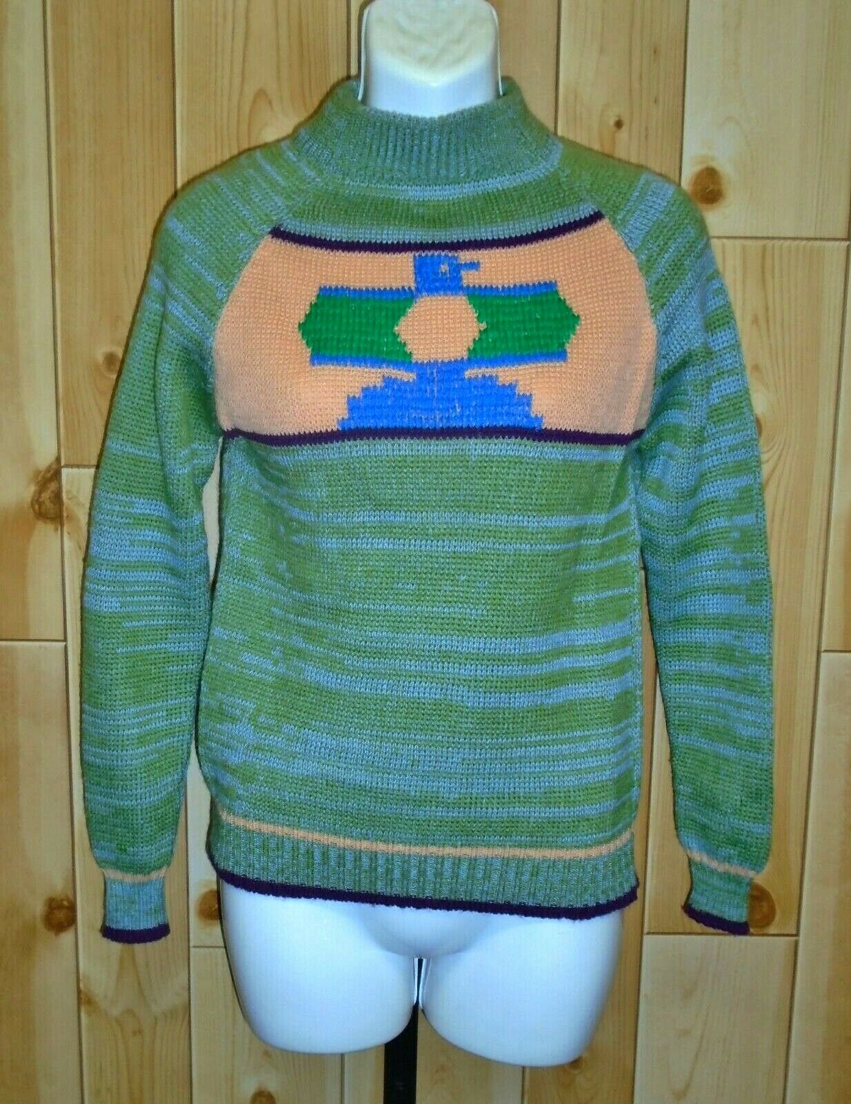 Child's Vtg 1970s Blue & Green Space Dyed Campus Sweater Ethnic Print Sz 14 Nos