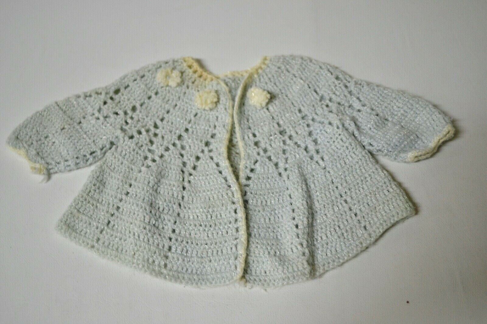 Antique Vintage Hand Crochet Light Blue Wool Sweater Jacket Baby Doll Clothing