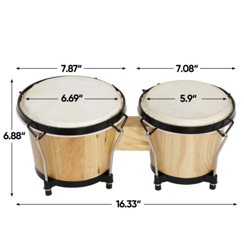 Bongos 7 & 8" Inch Set Natural Light Wood Dual Drums For Kids Adults Beginners