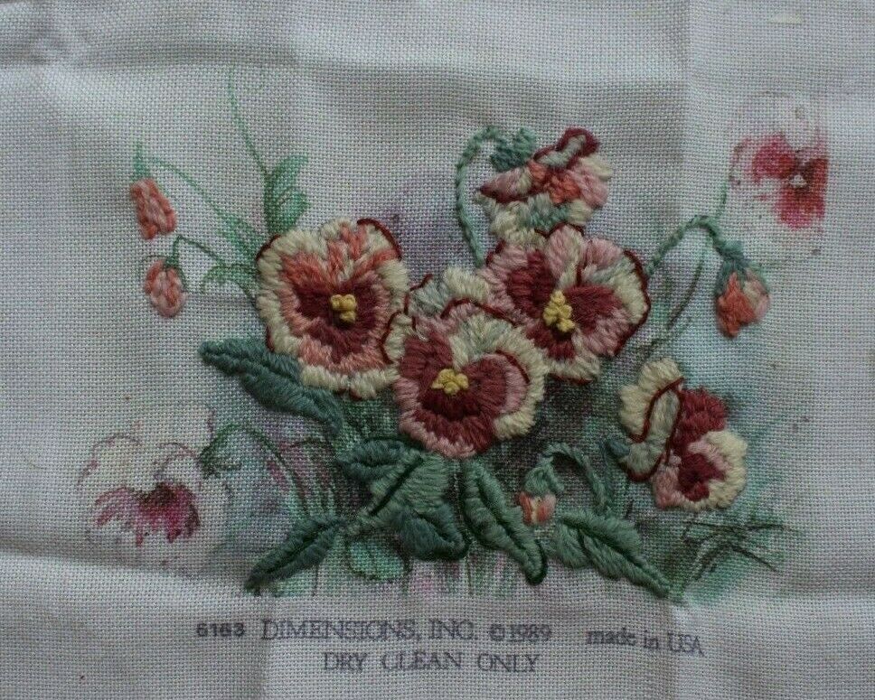 Dimensions #6163 Pink Pansies Garden Crewel Embroidery Completed Finished