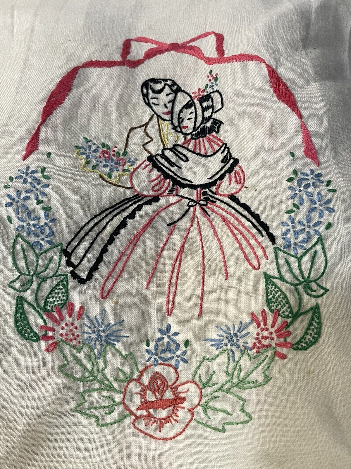 Antique Vintage Embroidery Wedding Couple Love 2 Scenes Finished Linen Headrest