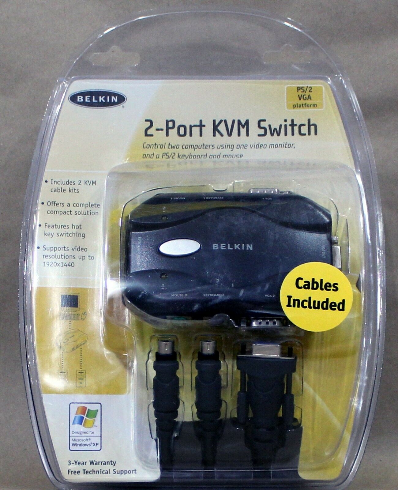 New, Sealed Belkin F1dj102p-b 2-port Kvm Switch W/ 6 Ft Cable Kit Ps/2-vga