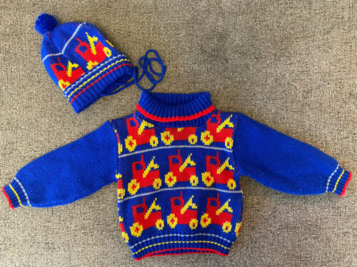 Vintage Hopscotch Acrylic Primary Color Trains Toddler Sweater Matching Hat