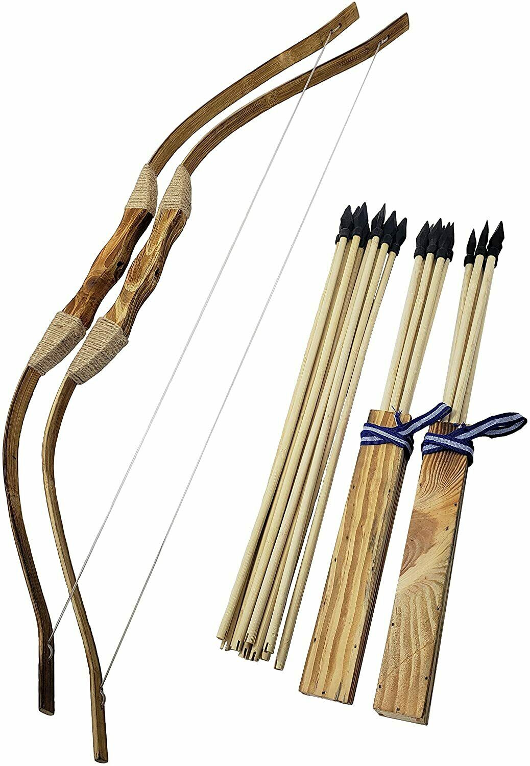 2 Pack Handmade Wooden Bow And Arrow Set W/ 20 Wood Arrows Outdoor Hunting Games