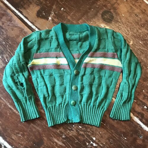 Vintage 50s Cardigan Sweater 2t Boys Toddler Childs Knit Green Cotton