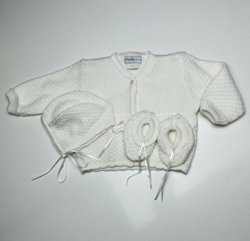 Vtg  Saks Fifth Ave Baby Sweater Set Cardigan W/ Bonnet Booties 0-6 Months Nb