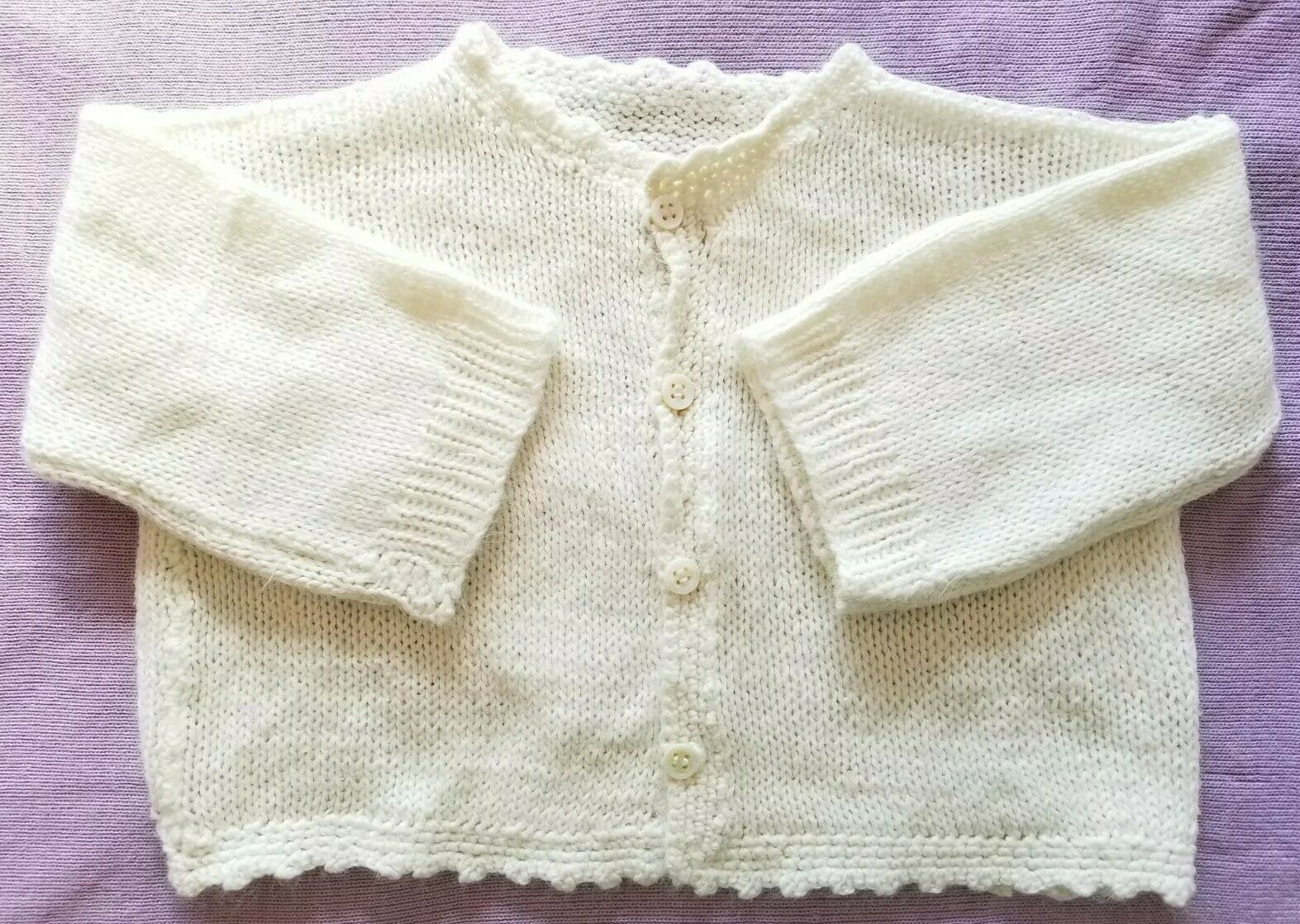 Baby Girl Cardigan Sweater Ivory Hand Knit Crotchet Ruffled Edges Vintage 1970's