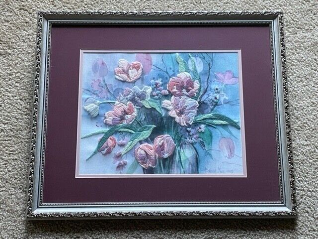 Floral Crewel Embroidered Art Wall Hanging Matted And Framed 18" X 22"