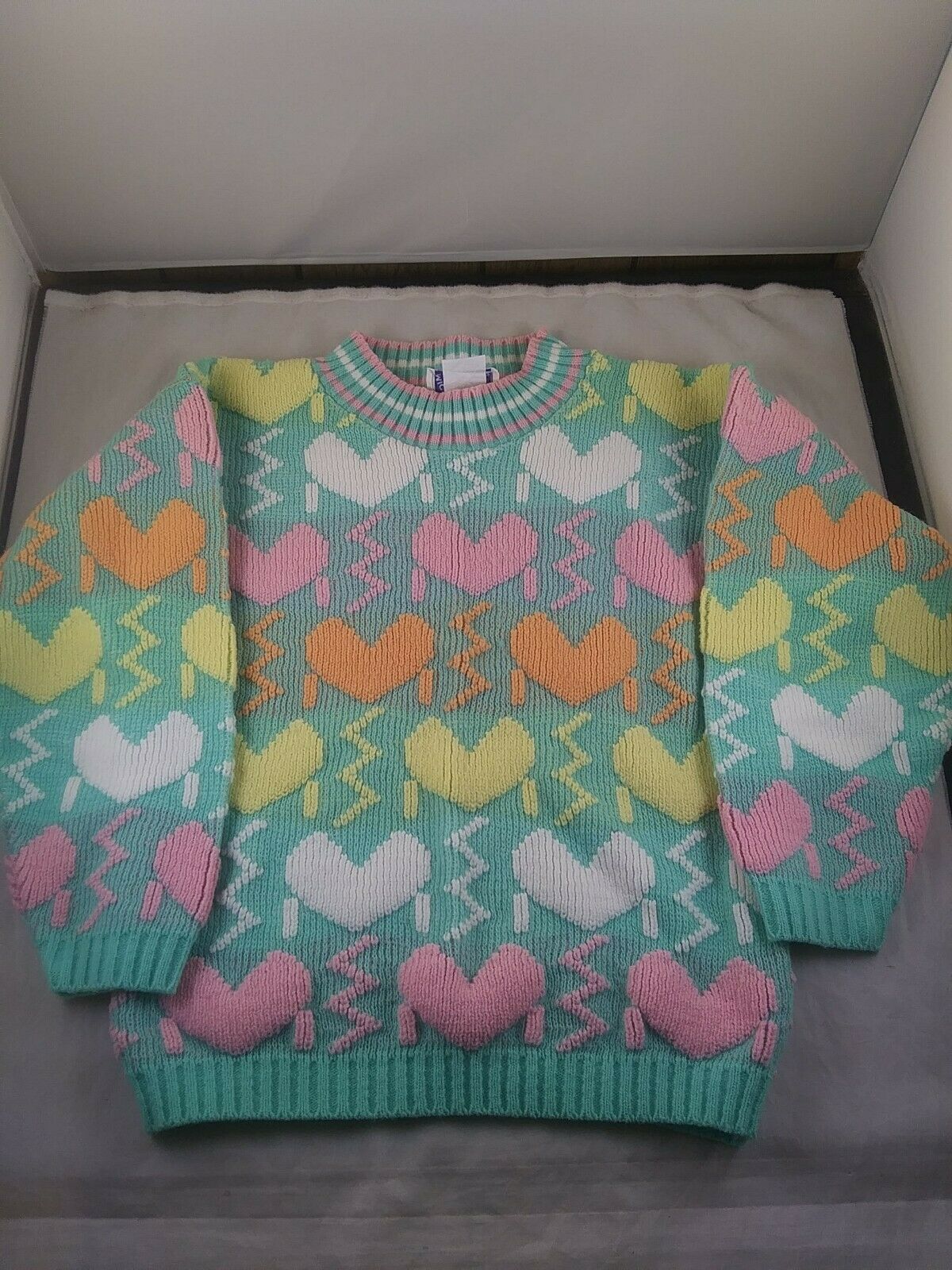 Vintage Pastel Hearts All Over Design Girls Sweater Kids 80's 90's