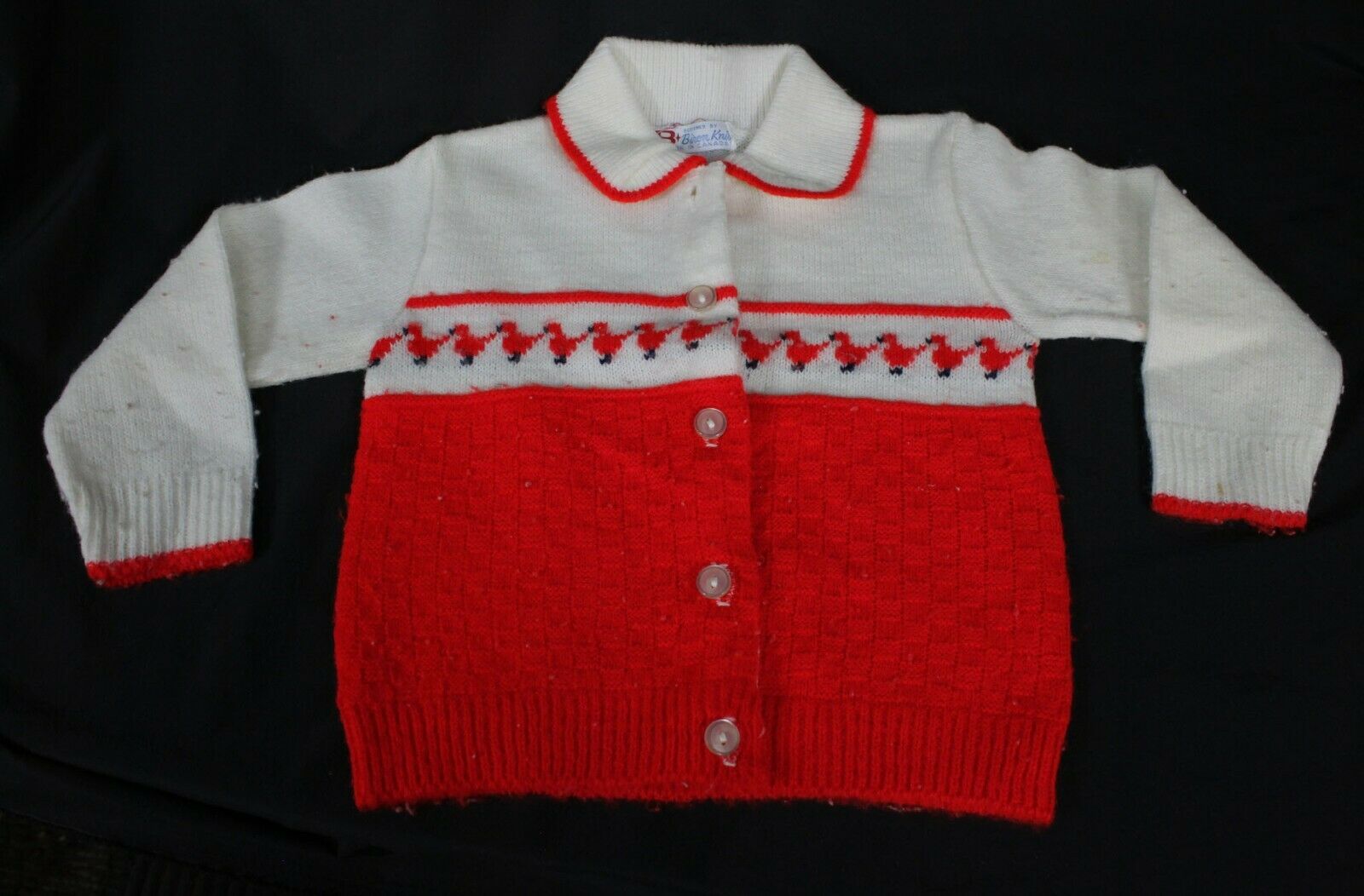 Vtg Biron Knit Cardigan Sweater Baby Infant Red Ducks Birds White 3-6 Month